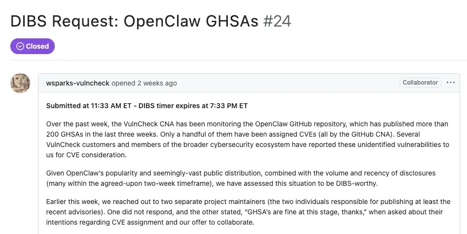 Το νήμα αιτήματος VulnCheck DIBS εντός της ομάδας εργασίας ερευνητών του CVE Project (Πηγή - Socket.dev)